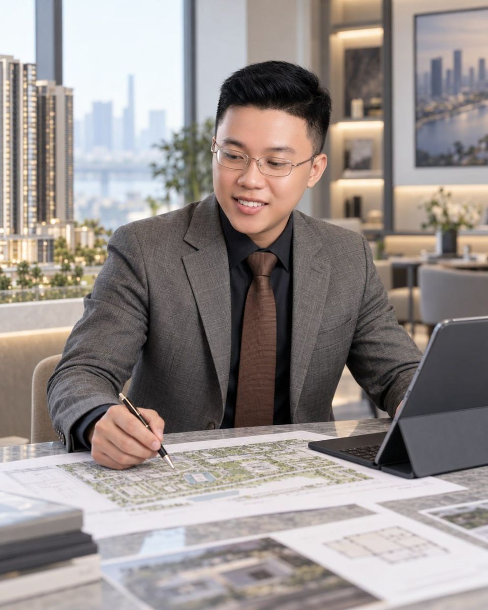 Vũ Trọng Khải xem bản vẽ và hồ sơ dự án tại bàn làm việc