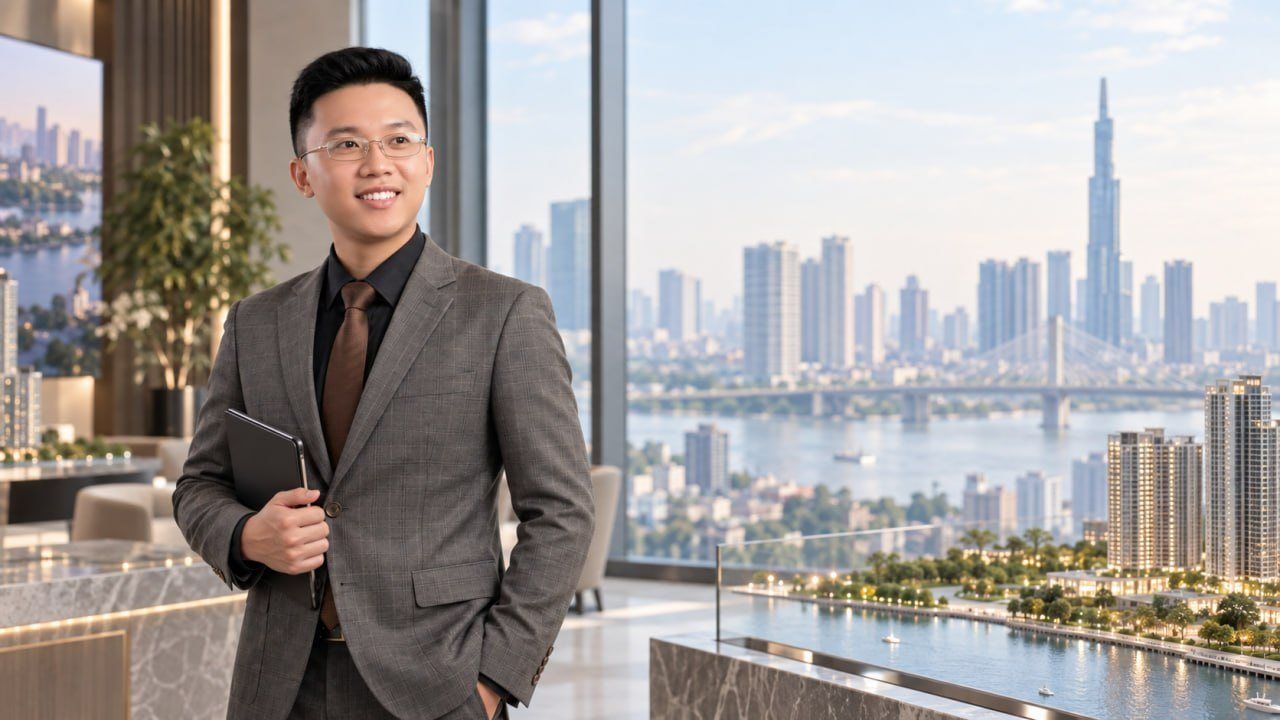 Vũ Trọng Khải tại không gian làm việc, sau lưng là cửa kính nhìn ra toàn cảnh thành phố