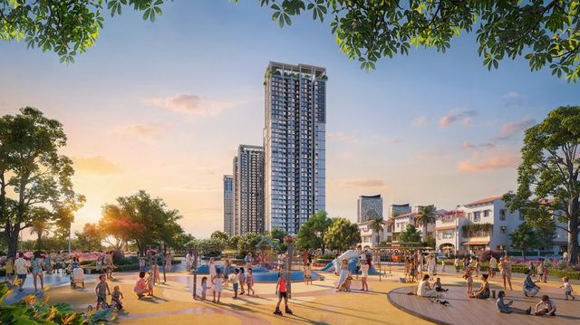 Phối cảnh một góc Beachtro Tower tại Blanca City: toà căn hộ cao tầng màu trắng nhìn xuống công viên có sân chơi và người đi dạo