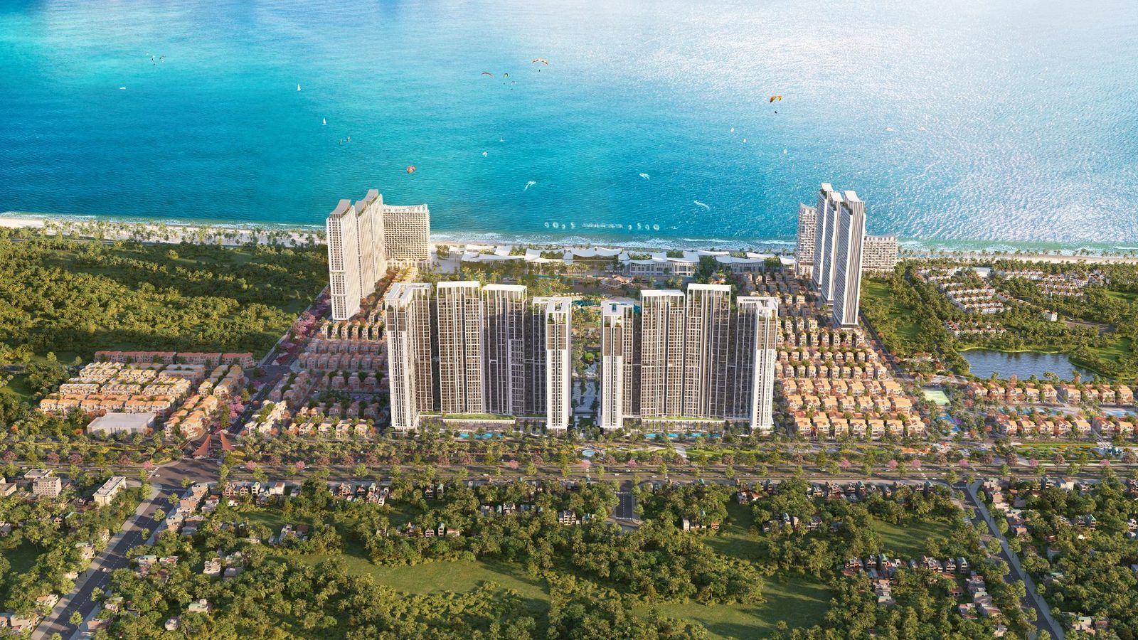 Phối cảnh Beacon Tower Blanca City nhìn từ trên cao: các toà căn hộ trắng dạng bậc thang, biển Bãi Sau phía sau