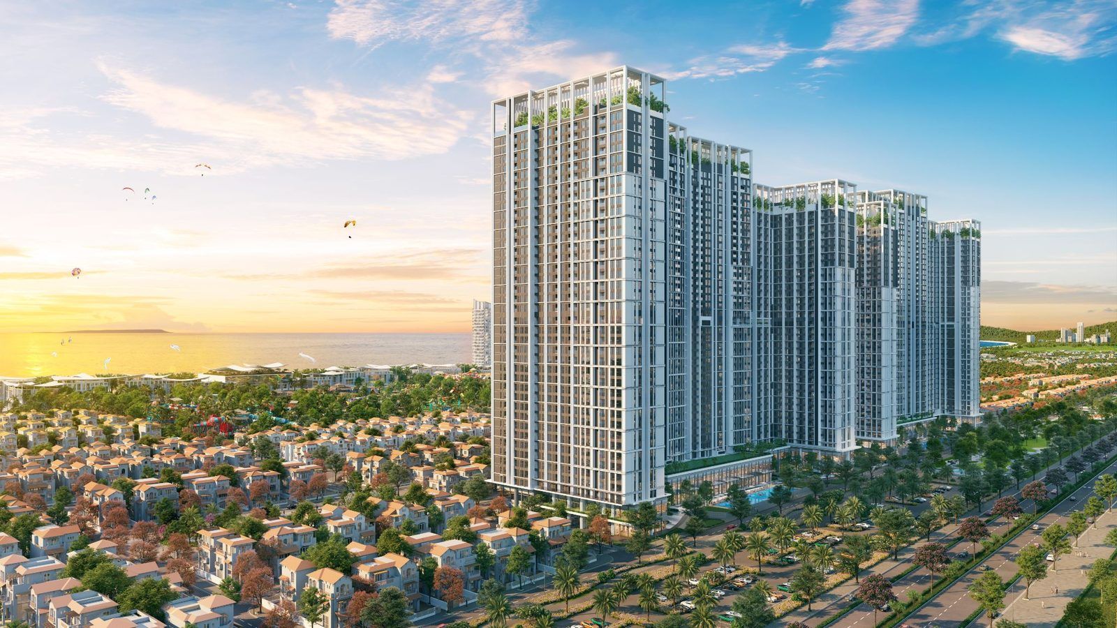 Phối cảnh cụm tháp Beacon Blanca City nhìn từ đường 3 Tháng 2 lúc hoàng hôn, mặt đứng trắng dạng bậc thang