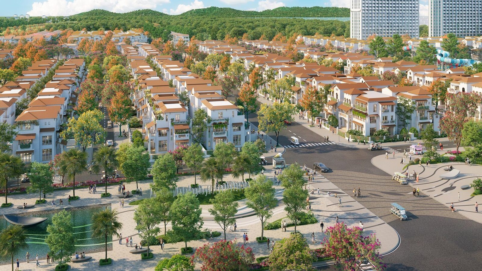 Phối cảnh khu biệt thự Casa Villa Blanca City nhìn từ trên cao: các dãy nhà mái ngói cam giữa đường cây xanh, tháp Beacon ở góc phải