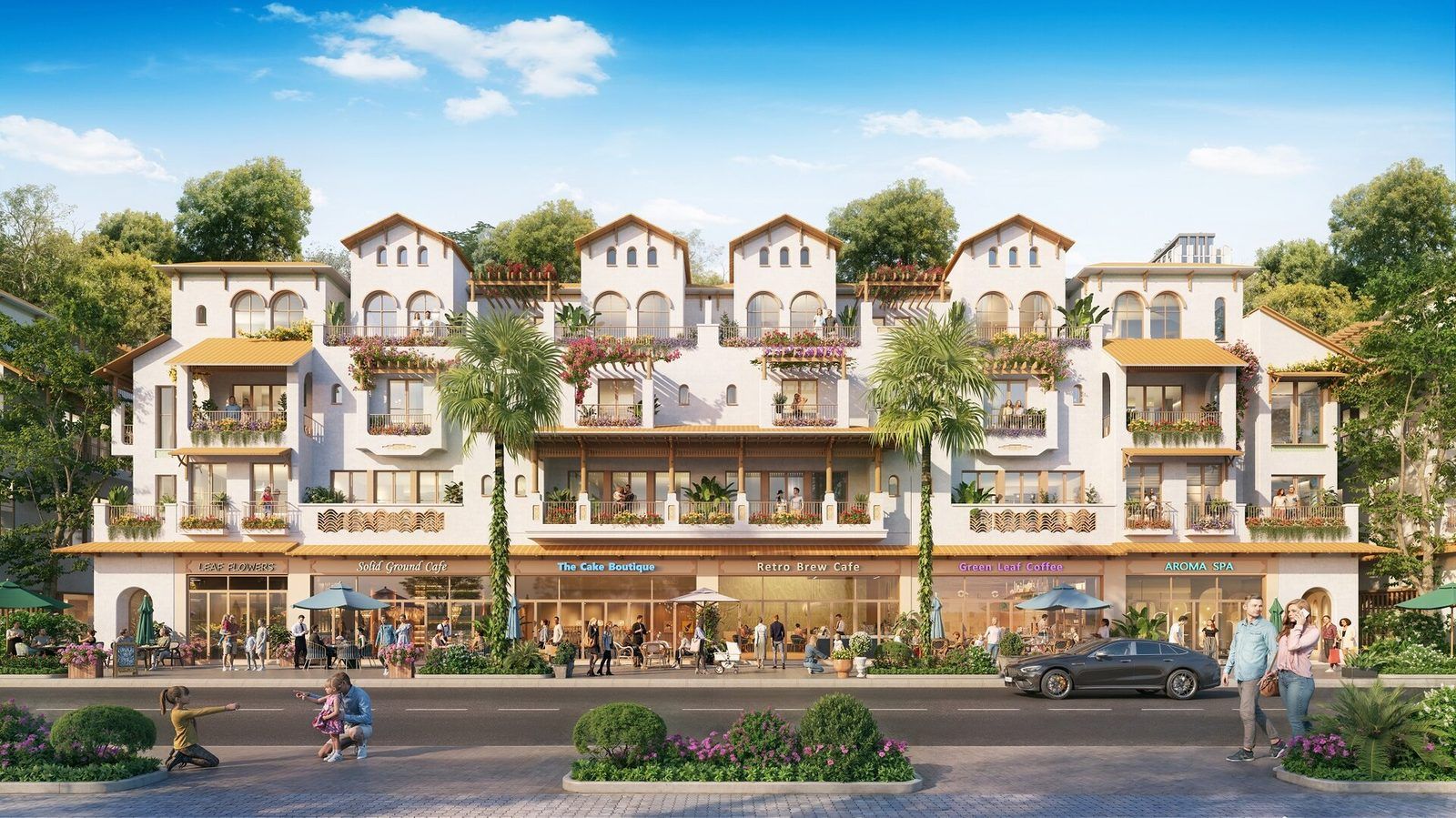 Phối cảnh dãy nhà phố Casa Townhouse Blanca City: tường trắng, ban công gỗ, mái ngói, tầng trệt mở cửa hàng, người đi bộ trên vỉa hè