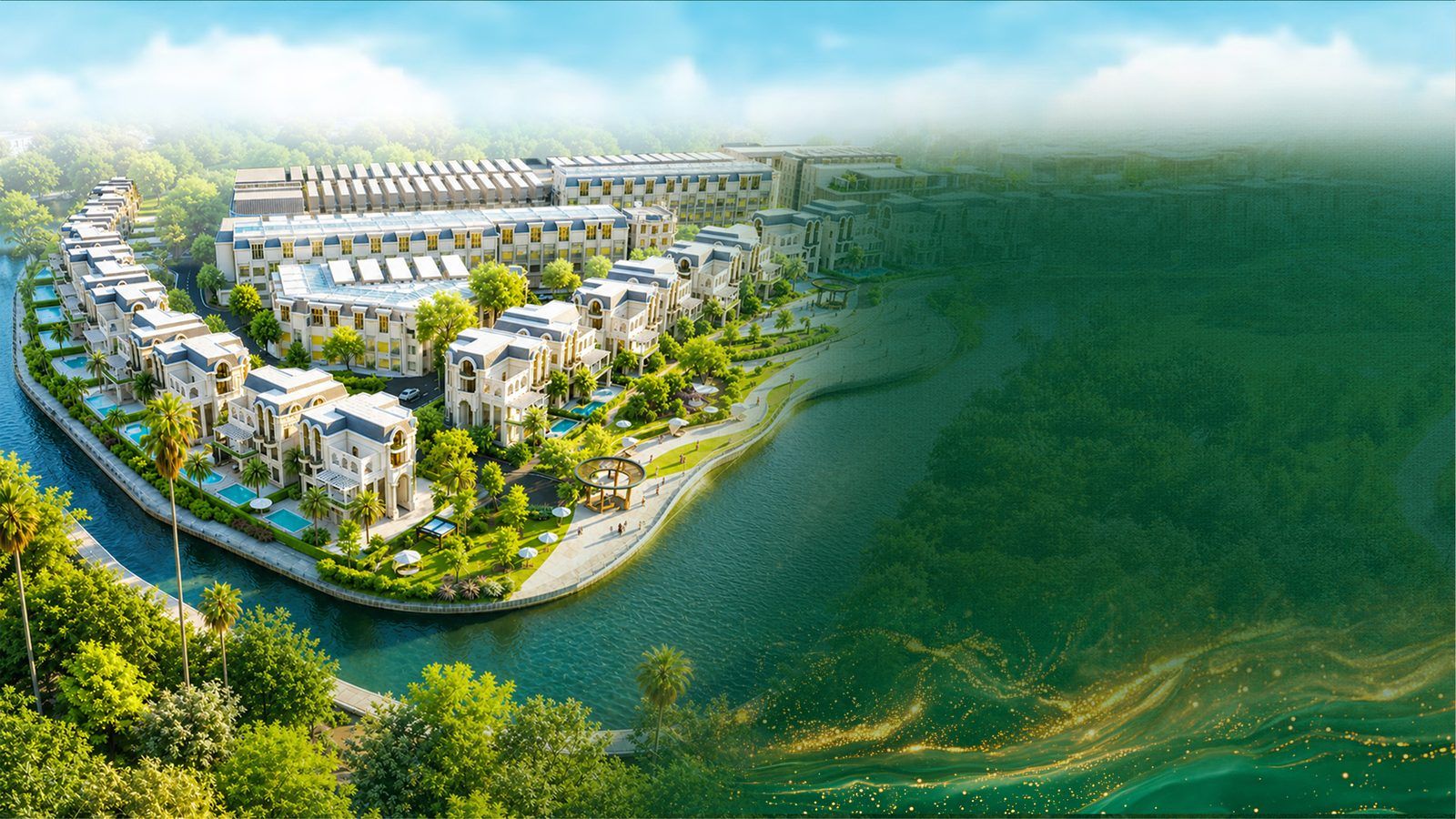 Phối cảnh khu đô thị Five Star Eco City ở Cần Giuộc: dãy biệt thự và nhà phố ven kênh, cây xanh dọc bờ nước