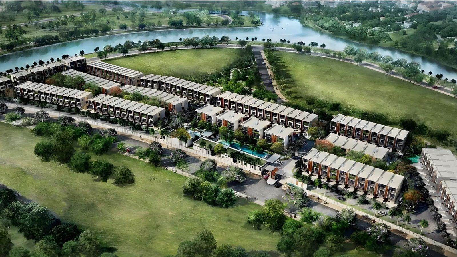 Ảnh từ trên cao khu nhà phố thấp tầng Palm Residence bên sông trong Palm City, hồ bơi giữa khu, cây xanh xung quanh