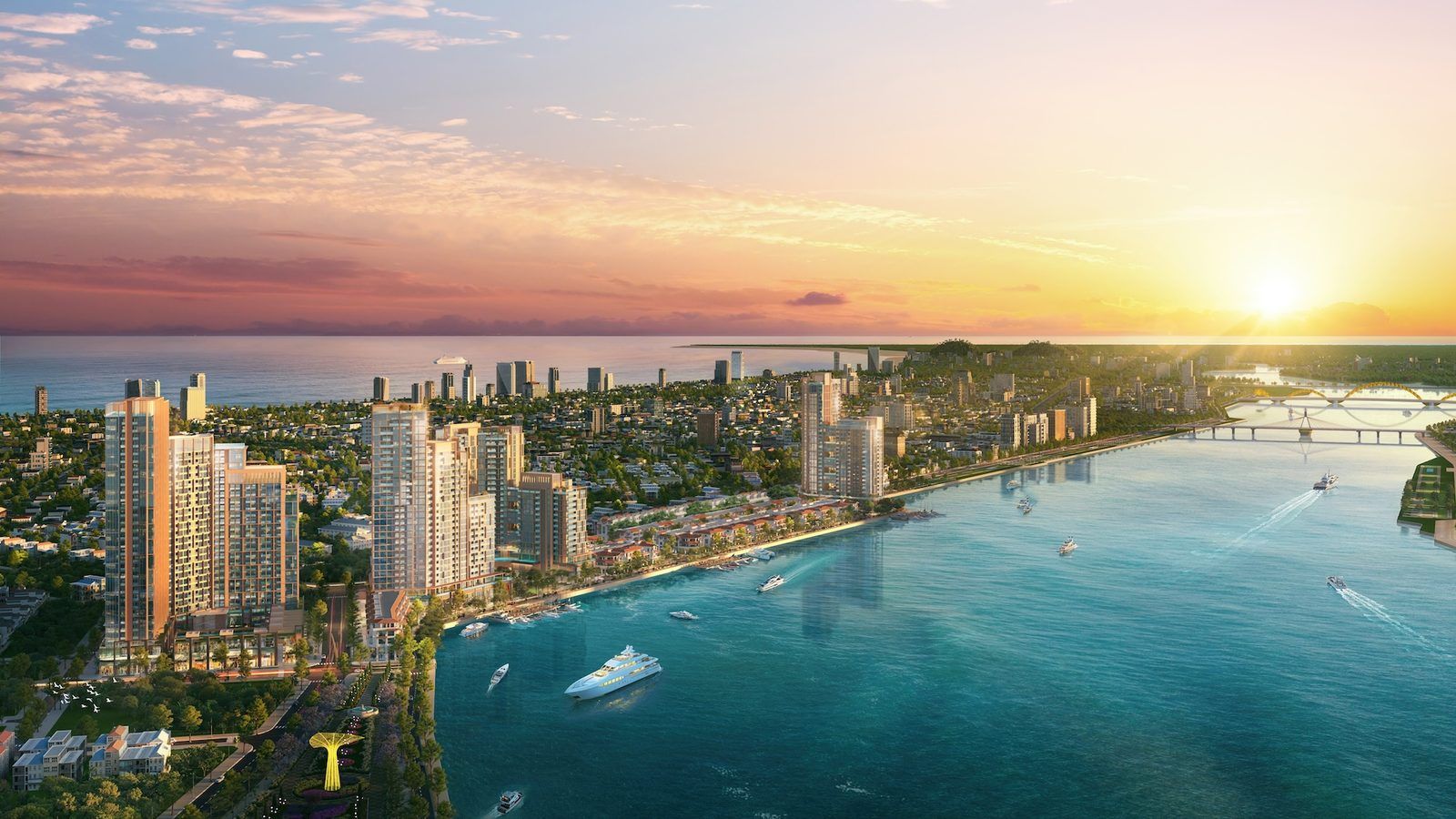 Các toà Sun Symphony Residence bên sông Hàn, Đà Nẵng nhìn từ trên cao lúc chiều muộn