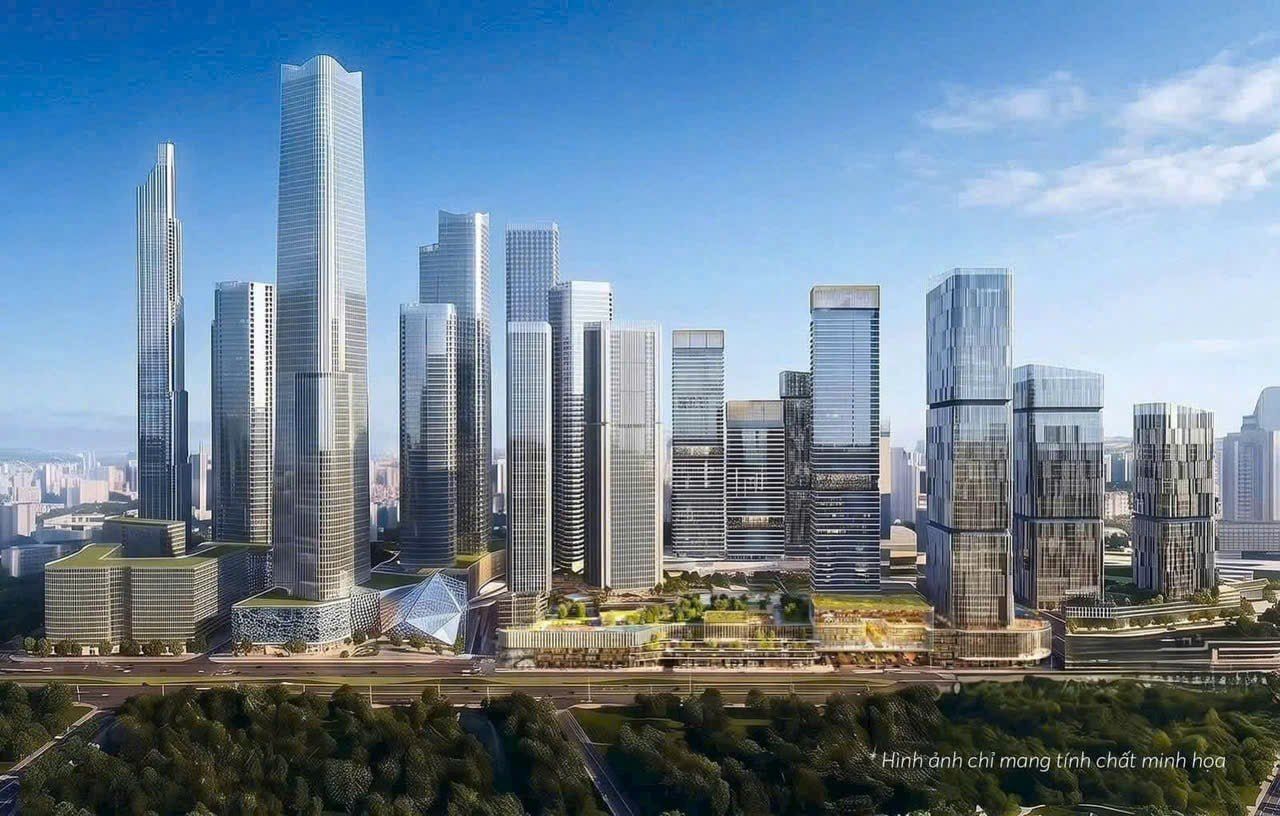 Phối cảnh khu đô thị phức hợp ga Thủ Thiêm do SonKim Land đề xuất: cụm tháp cao tầng kính xanh bạc, hai tháp đôi nhọn ở giữa, khối đế thương mại mái cong và dải cây xanh phía trước.