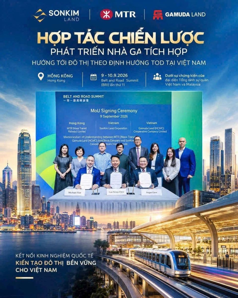Poster lễ ký kết ghi Hợp tác chiến lược — Phát triển nhà ga tích hợp — Hướng tới đô thị theo định hướng TOD tại Việt Nam, tại Hồng Kông ngày 9-10/9/2026, kèm logo SonKim Land, MTR và Gamuda Land.