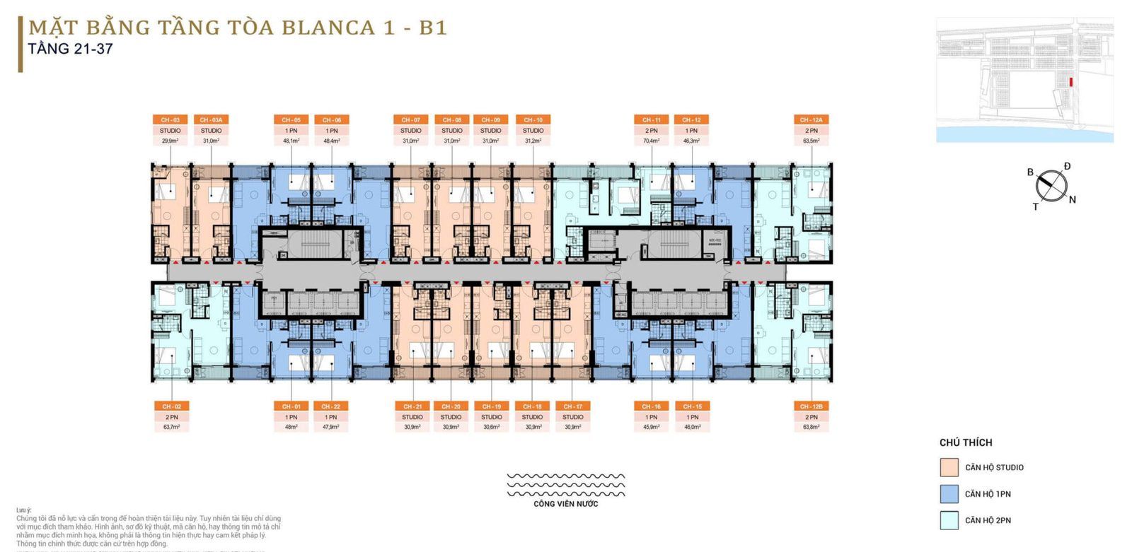 Mặt bằng tầng điển hình 21–37 toà Blanca B1: 22 căn studio, 1 và 2 phòng ngủ xếp hai dãy dọc hành lang giữa, mặt nam hướng công viên nước