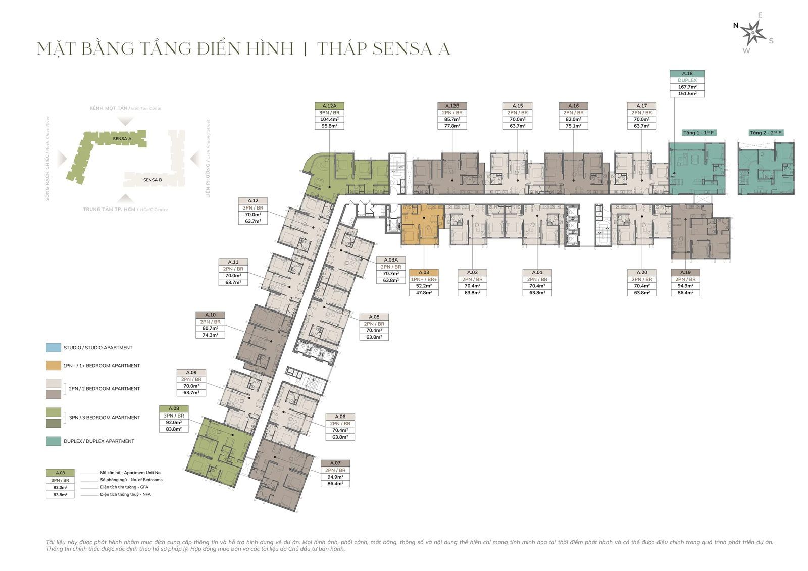 Mặt bằng tầng điển hình tháp Sensa A Imperia Sensa Park: 20 căn xếp hình chữ L, mã căn A.01–A.20 kèm diện tích tim tường và thông thuỷ, sơ đồ định vị hai tháp so với sông Rạch Chiếc, kênh Một Tấn và Liên Phường