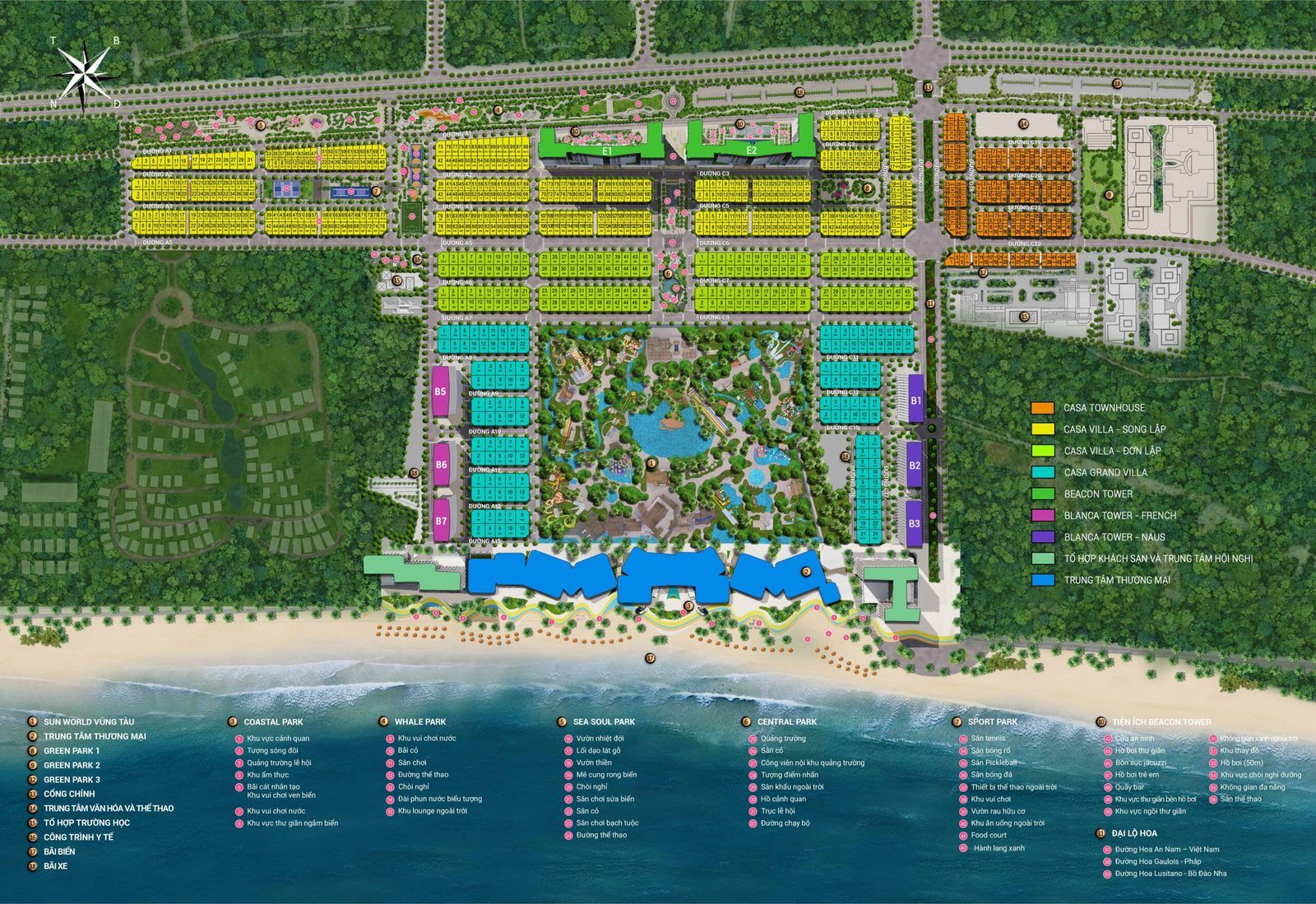 Tổng mặt bằng Blanca City theo tài liệu bán hàng: đường 3 Tháng 2 phía trên, Beacon E1–E2 và Casa Villa song lập gần đường, Sun World ở giữa, Blanca B1–B3 và B5–B7 hai bên, trung tâm thương mại và khách sạn sát bãi biển phía dưới, kèm chú giải 18 hạng mục