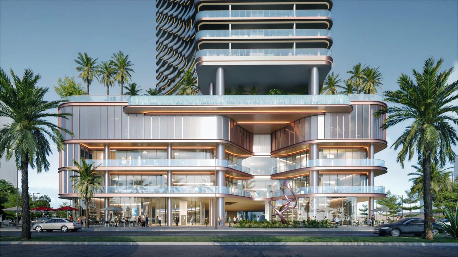 Phối cảnh mặt đứng khối đế Five Star Odyssey: hồ bơi kính trên nóc khối đế tầng 5, các tầng thương mại kính phía dưới