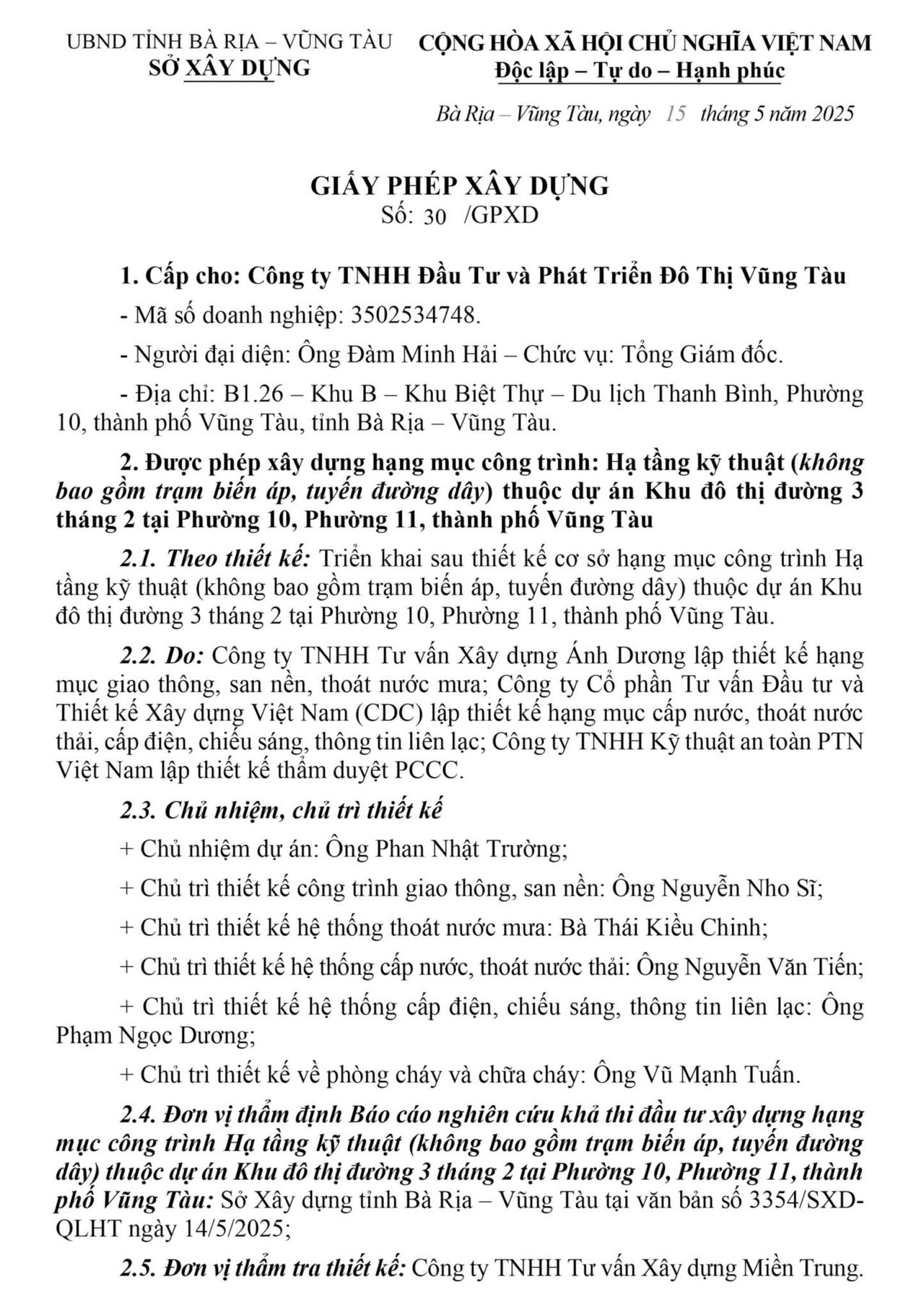 Ảnh chụp giấy phép xây dựng hạ tầng kỹ thuật cấp cho dự án Khu đô thị đường 3 Tháng 2 (Blanca City), TP Vũng Tàu