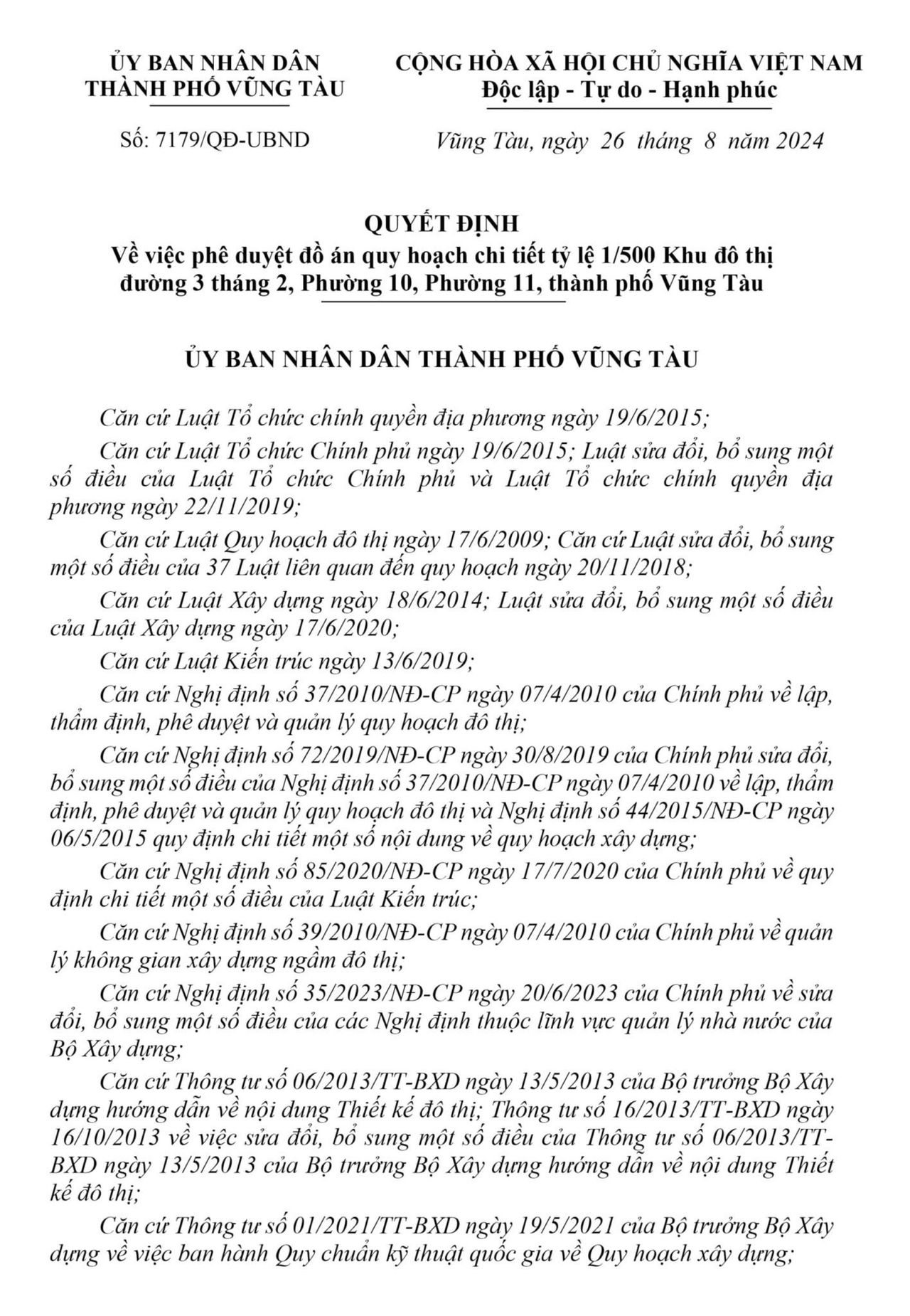 Ảnh chụp quyết định của UBND TP Vũng Tàu phê duyệt quy hoạch chi tiết 1/500 Khu đô thị đường 3 Tháng 2, dự án Blanca City
