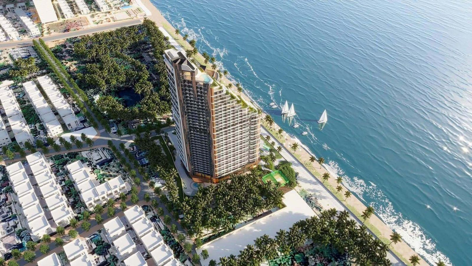 Phối cảnh Solina Vũng Tàu nhìn dọc bờ biển: hai tháp đặt lệch nhau sát bãi cát, khu biệt thự thấp tầng phía sau