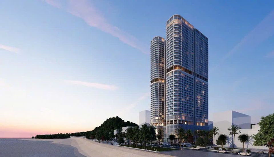 Phối cảnh tháp đôi Five Star Poseidon lúc hoàng hôn nhìn từ bãi biển, hồ bơi đặt trên đỉnh hai toà tháp