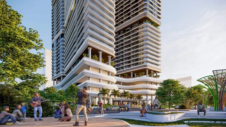 Phối cảnh khối đế thương mại Five Star Poseidon nhìn từ vỉa hè đường Thùy Vân, biển tên Poseidon trên mặt tiền