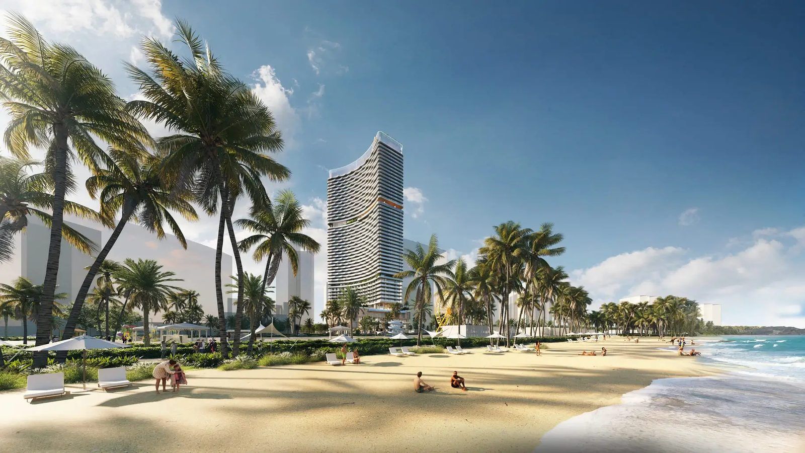 Phối cảnh Five Star Odyssey nhìn từ bãi biển Bãi Sau: tháp 50 tầng sau hàng dừa, người tắm biển và ghế nằm trên cát