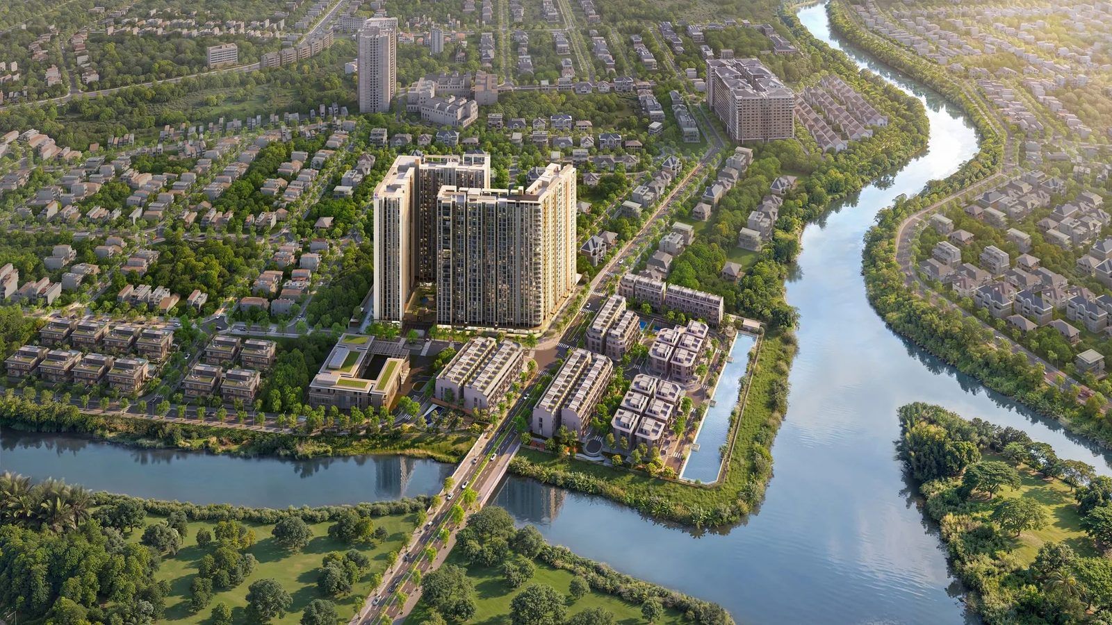Phối cảnh Imperia Sensa Park nhìn từ trên cao: hai tháp căn hộ và dãy nhà thấp tầng nằm trong khúc uốn của sông Rạch Chiếc, đường Võ Chí Công băng qua sông ở phía trước
