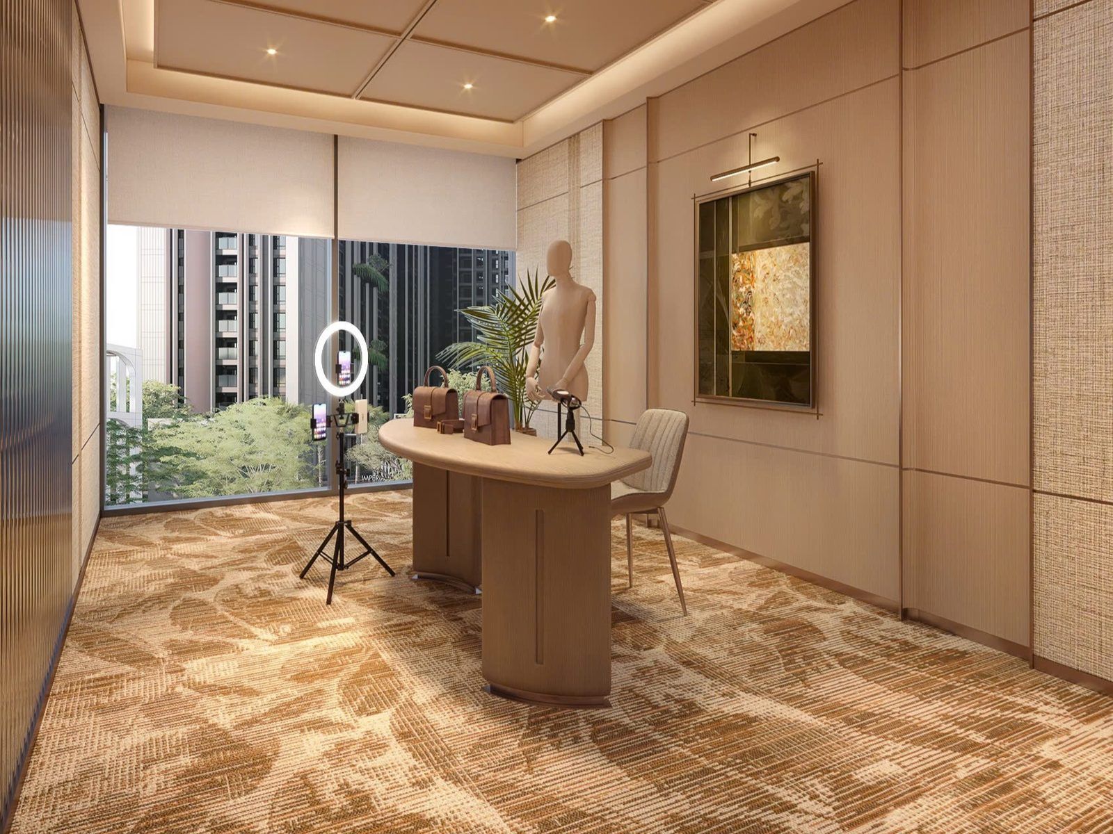 Phối cảnh Creative Studio Imperia Sensa Park: bàn quay podcast, đèn vòng và ma-nơ-canh trước cửa kính nhìn ra cây xanh