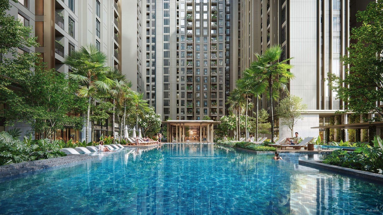 Phối cảnh hồ bơi Imperia Sensa Park nằm giữa hai tháp căn hộ, ghế nằm dọc mép nước và hàng cau hai bên
