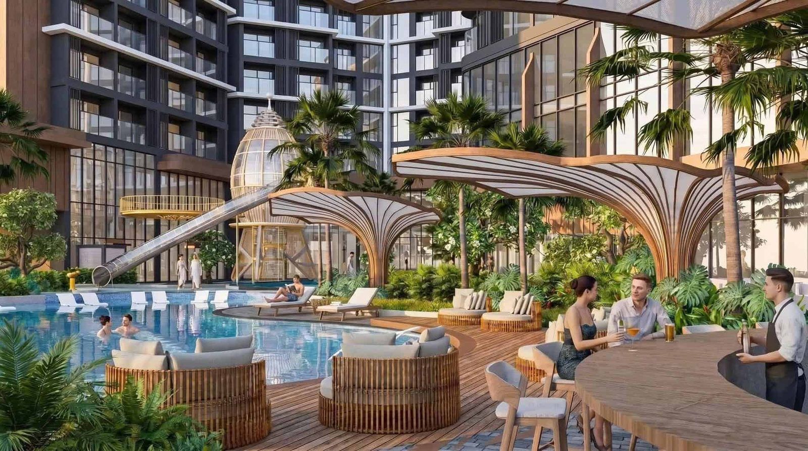 Phối cảnh quầy bar cạnh hồ bơi Solina Vũng Tàu dưới mái che hình lá, cầu trượt nước và tháp vòm phía sau